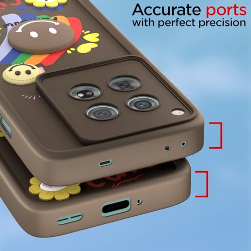 Image of Pikkme Back Cover for OnePlus 12 5G | Soft Silicone| Cute Rainbow Smile & 3D Cartoon Flower Design | Shockproof Raised Camera Protection Bumper Case (Brown)