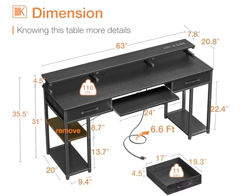63 Inch Office Desk with Drawers, Power Outlet, Keyboard Tray, Storage Shelves, PC Stand, and Monitor Stand in Black