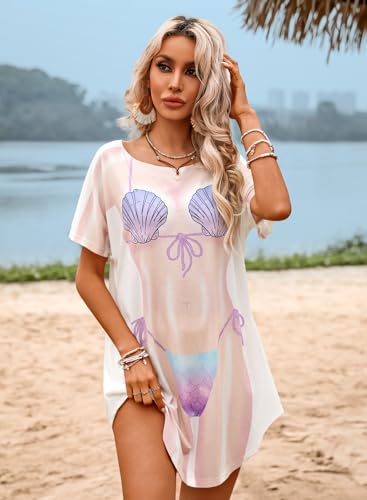 Women's Summer Bikini Shirt Cover Up Short Sleeve Cute Bikini Print Baggy Crew Neck T-Shirt Dress2