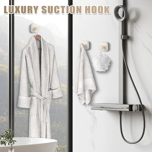 Image of No-Drill Reusable Suction Cup Hooks, Towel, Robe, Loofah, Coat Hook for Glass, Mirror, Tile, Shower, Bathroom, Kitchen & Metal (Smooth, Non-Porous Surfaces) (2, Milk White)