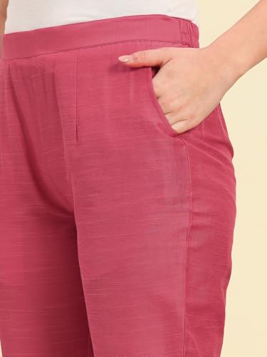 Image of Vogaan Women's Cotton Silk Pant | Half-Elasticated Waist Slim Fit Trouser for Women | Casual Pocket Pants for Office Formal Daily Use