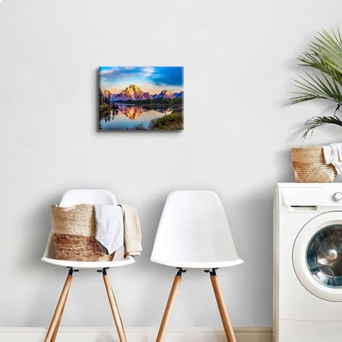 Image of Grand Teton Mountain Wall Art Nature Scenery Picture Wall Decor National Park Poster Sunset Forest Lake Paintings Canvas Prints Oxbow Bend Snake River Poster Artwork Bedroom Home Decorations 12x16 inch