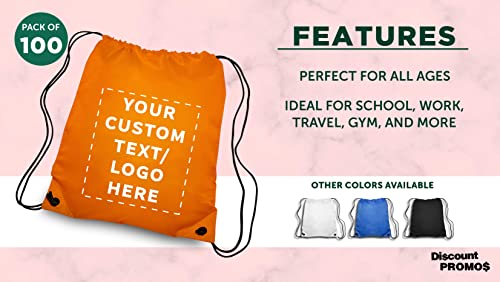 Discount Promos Custom Drawstring Backpacks Set Of 100, Personalized Bulk Pack - Water Resistant, Perfect For Gym, Camping, Beach, Outdoor Sports - Orange #TOP1