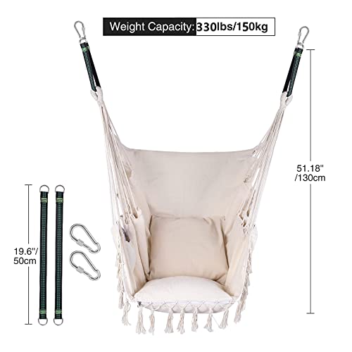 Redswing Hanging Hammock Chair, Hanging Rope Swing With 2 Cushions, Hardware Kits And Quality Cotton Weave For Superior Comfort And Durability, Max Load 330Lbs,Beige #TOP1