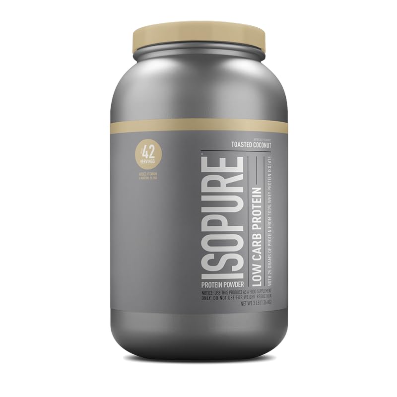 Image of Isopure Low Carb 100% Pure Whey Isolate Protein Powder, Gluten Free, With Vitamins, Toasted Coconut, 25g Protein Per Serving, 3 Lbs, 42 Servings (Packaging May Vary)