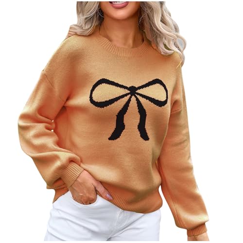 Womens Sweaters Classic Round Neck Long Sleeve Knitted Pullover Trendy Knit Bows Graphics Loose Sweater 2025 New Jumper
