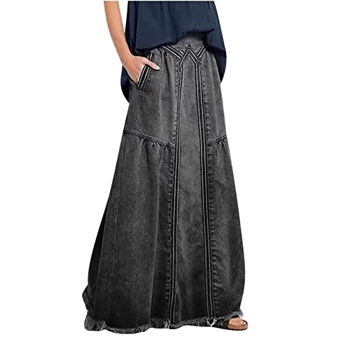 JOAU Women's Casual Elastic High Waist Plus Size Denim Long Skirt Frayed Hem A-Line Distressed Hippie Pockets Maxi Skirts