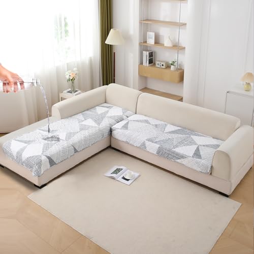 Image of HOKIPO 'Elira Series' Printed Water Repellent + Waterproof Quick Dry L Shape (3+3 Seater) Sofa Seat Cover Mat, Snow White Black Geometry (AR-5249-C9*2)