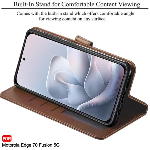 Image of TheGiftKart Flip Cover Back Case for Motorola Moto Edge 70 Fusion 5G | Genuine Leather Finish | Designer Button | Inbuilt Pockets & Stand | Wallet Style Flip Back Cover Case (Faux Leather, Brown)
