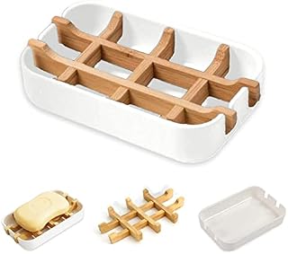 VEGCOO Bamboo soap holder, Natural Bamboo Soap Dish with Drainage Storage Holder, Durable Anti-Mould Natural Soap Box Soap Saver for Shower, Bathroom, Kitchen and Wash Basin (1 Pack White)