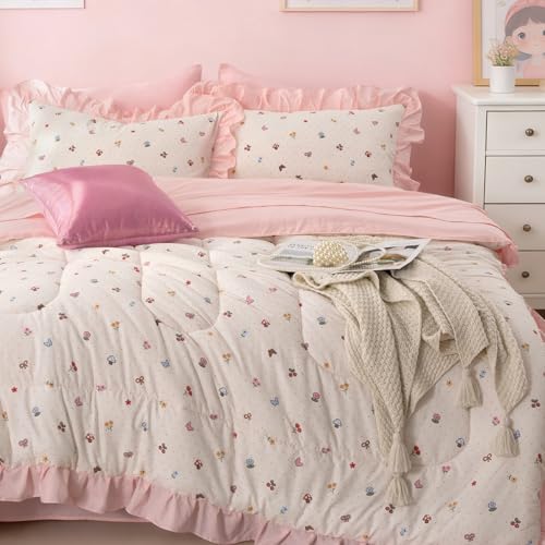 Image of A Nice Night Ruffle 6 Pcs Bed in a Bag Comforter Set,Creamy Background with Bow, Mushroom, Cherry & Butterfly Pattern - Colorful Wonderland Design Bedding Sets,Twin