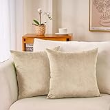 Hafaa Velvet Cushions with Covers Included Sets 4 (2 Beige Cushion Covers, 2 Cushion Inserts 45cm x 45cm) Luxury Decorative Fluffy Square Throw Pillow Case Sofa Cushion with Invisible Zipper