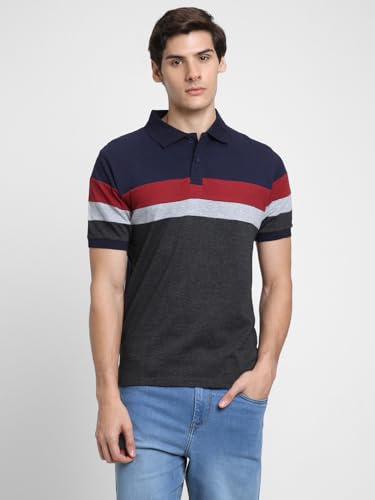 Image of Dennis Lingo Men's Cotton Stripes Regular Fit Mandarin Collar Short Sleeve Polo Tshirt