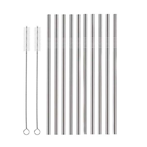 Image of Expresso - New Set of 10 Reusable Stainless Steel Drinking Straws 10.5'' (10 Straight & 2 Cleaning Brushes) - BPA Free Metal, Thick, Long, Dishwasher Safe - for Smoothies, Tumblers, Travel & More