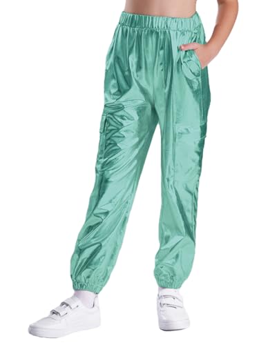 Kids Metallic Cargo Jogger Pants Boys Girls Sparkly Shiny Holographic Stretchy Hip-Hop Jazz Dance Trousers