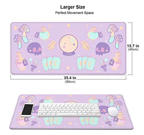 Image of Kawaii Goth Purple Desk Mat, Cute Pink Witch Mystic Mouse Pad, Girls Gamer Desk Pad, XXL Extra Large Gaming Mat, 35.4 x 15.7 in