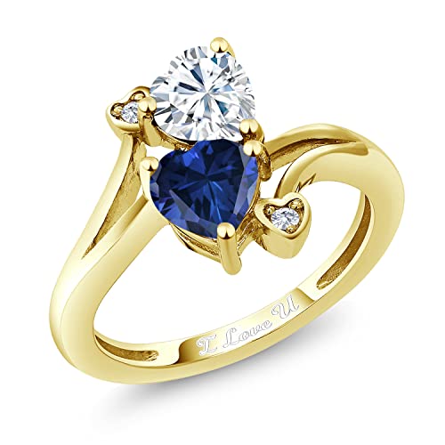 Gem Stone King 18K Yellow Gold Plated Silver Promise Customized Personalized and Engraving 2 Gemstone Birthstone For Her Heart Shape Name Engraved Engagement Ring For Women