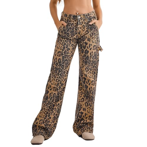 Women's Straight Leg Jeans Casual Low Waisted Leopard Print Pants for Women Trendy Pull on Jeans Wide Leg Trousers Jeans2
