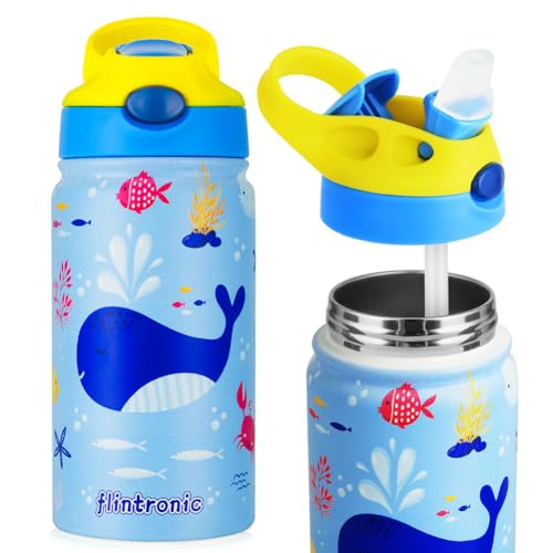 flintronic 350ml/12oz Kids Water Bottle Stainless Steel with Straw, Vacuum Insulated Water Bottles, BPA Free, Metal Leakproof Small Flask, Flip Sports Water Bottle for Boys Girls Toddler Children