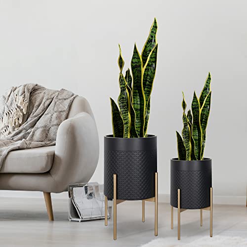 Oakrain Planters for Indoor Plants, Set of 2 Mid Century Modern Planter with Stand, Decorative Metal Planter Pots for Living Room, Office, Garden or Balcony, Black, 10&12