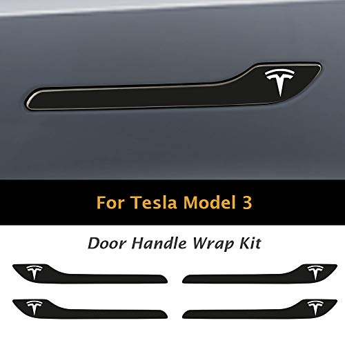 Image of IPG Compatible for Model 3 / Model Y /Juniper Door Handle Decal Sticker Wrap Kit (Set of 4) with Tesla Logo Personalize Your Tesla (Solid Black)