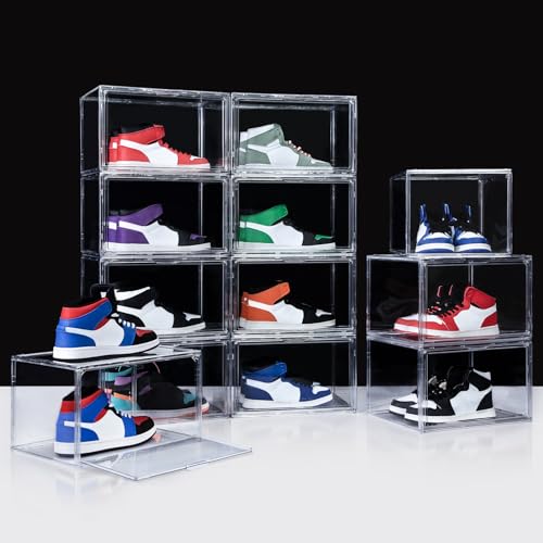 Image of NYZE 12 Pack Acrylic Shoe Boxes Side Open, Clear Shoe Box Plastic Stackable, Shoe Storage Organizer with Magnetic Door, Shoe Display Shoe Containers with Lids Fits Up to Size 15