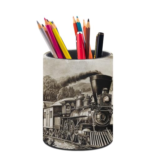 XUWU Vintage Steam Train Pen Holder Pencil Organizer Cute Pencil Cup Desk Decor Makeup Brush Holder PU Multifunctional Office Suppliesfor Home Classroom School