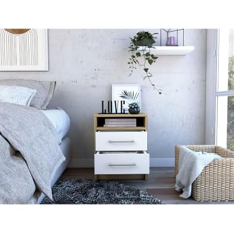 Homaddition White Nightstand Two Drawers, Nightstand with Open Shelf, Small White Oak Dresser with Drawers, End Table, Side Table for Bedroom,Living Room Cover