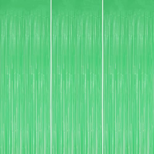 Image of DECOCKRAT 3 Pack Foil Fringe Backdrop - Pastel Light Green Shiny Tinsel Curtains for Party Decoration /Photo Booth Props - 3.3x8.2 FT Metallic Foil Backdrop for Birthday, Wedding, Graduation, Christmas