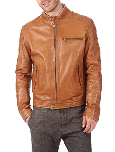 Image of 100% Leather Jacket for Men - Round Collar Slim Fit - Moto, Bomber, Biker Winter Casual Wear