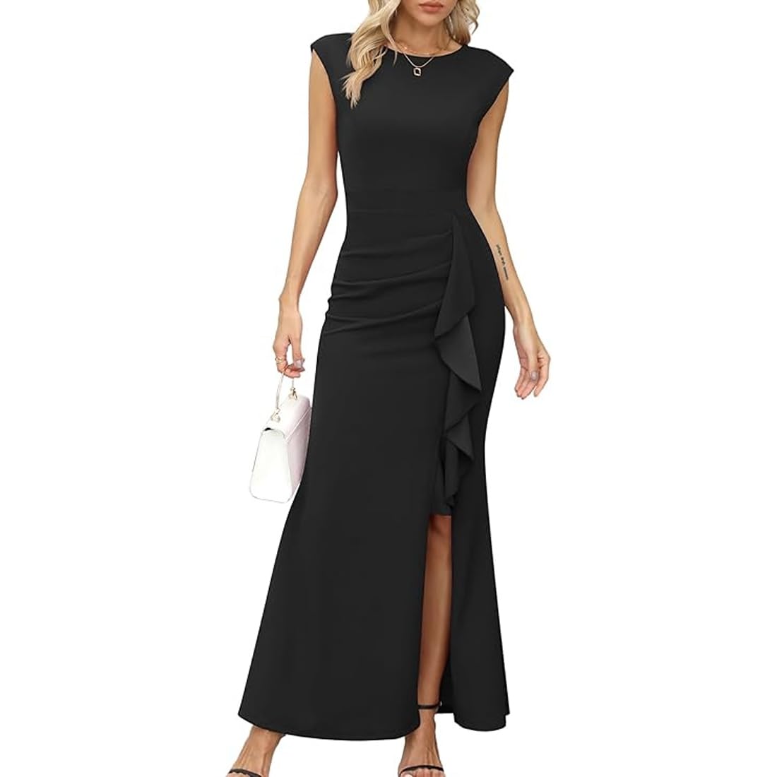 Vestito Donna Sexy Maxi Elegante Senza Maniche Lungo Vestito con Spacco a Sirena Vestiti da Cerimonia Slim Vita Alta Abito da Sera Maxiabito Bodycon per Festa Banchetto Cocktail
