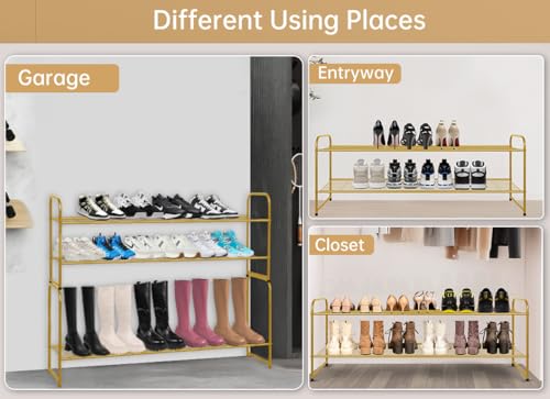 Image of KEETDY 2-Tier Long Shoe Rack for Closet Metal Shoe Organizer for Entryway, Wide Stackable Shoe Storage Shelf with Sturdy Wire Grid for Closet Floor, Bedroom, Gold