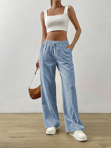 Image of TOPLOT Women's Linen Blend Wide Leg Palazzo Pants | Elastic Drawstring Waist Trousers for Woman | Relaxed Fit Casual Lounge Trousers | Breathable Straight Leg Everyday Bottom Wear (5268)