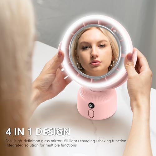 Sunytee 6000mah Rechargeable table Fan, Portable Fan with LED Makeup Mirror 5-Speed Quiet Cooling Fan|3 Level Dimming led vanity mirror with light fan | USB-Powered For Home/Office/Kitchen (Pink) — view 4