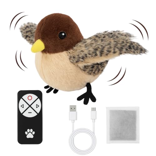 Flying Bird Cat Toy, Flappy Bird Toy for Indoor Play – USB Rechargeable Interactive Bird Toy with Real Feathers, Chirping Sounds & Remote Control