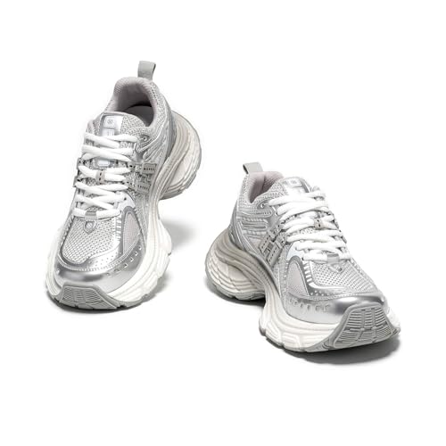 Image of BEAU TODAY Chunky Sneakers for Women, Womens Fashion Sneakers, Lightweight Leather Sneakers for Women, Comfortable Casual Lace-Up Breathable Dad Shoes