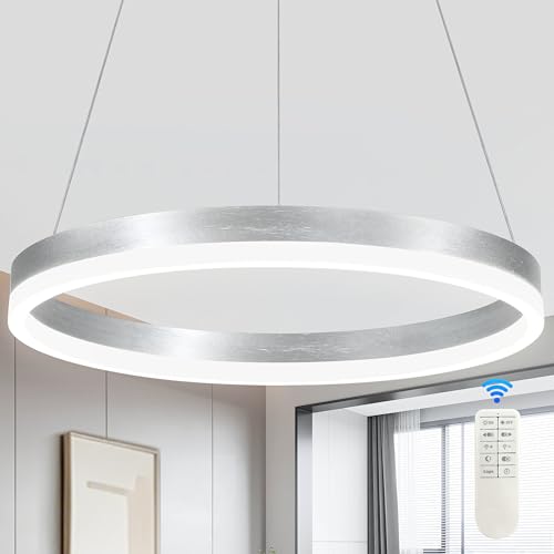 Mccokaige 20" Modern Nickel Led Chandelier Ring Dimmable LED Chandeliers with Remote Control for Kitchen Island Height Adjustable Chandelier Led Pendant Light for Living Room Dining Room Bedroom Foyer
