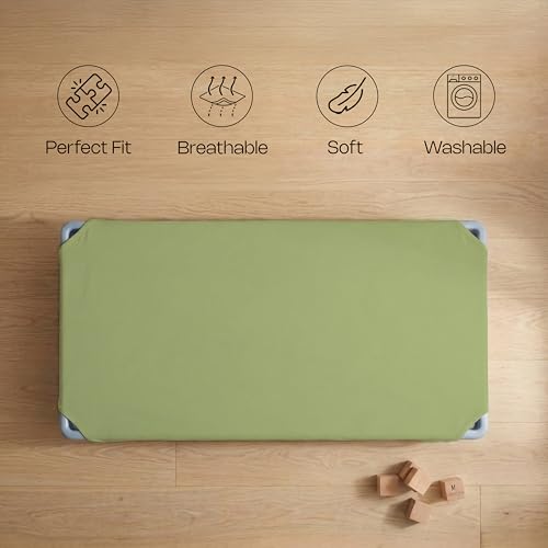 Image of Pack of 6 Cot Sheet for Daycare Preschool Cot Bed -Polyblend Fabric with Corner Elastic Cots Sheets Fits On 22 inch X 40 inch Inches Size Toddler and Preschool Daycare Cot Sage 22 X 40 Size