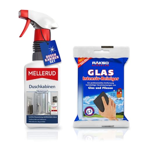 RAKSO Glas-Intensivreiniger Duschkabinen-Set - 1 Profi-Schwamm - kratzfreie Reinigung von Glas & Fliesen - MELLERUD Duschkabinen Reiniger - 1 x 0,5 l - wirksames Spray gegen Kalk- & Seifenreste RAKSO Glas-Intensivreiniger Duschkabinen-Set - 1 Profi-Schwamm - kratzfreie Reinigung von Glas & Fliesen - MELLERUD Duschkabinen Reiniger - 1 x 0,5 l - wirksames Spray gegen Kalk- & Seifenreste