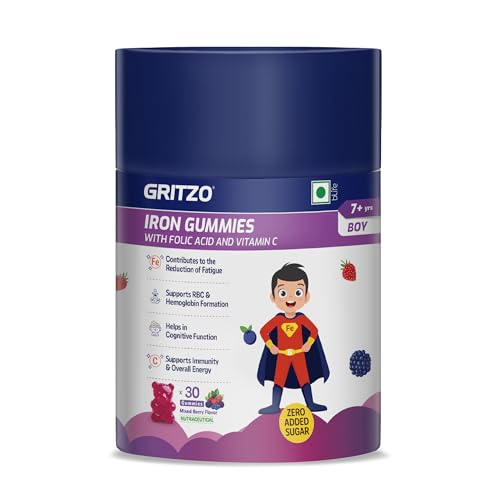 Image of Gritzo Iron Gummies for (7+ Boy), Mixed Berry, 30 Gummies | With Folic Acid & Vitamin C | Zero Added Sugar