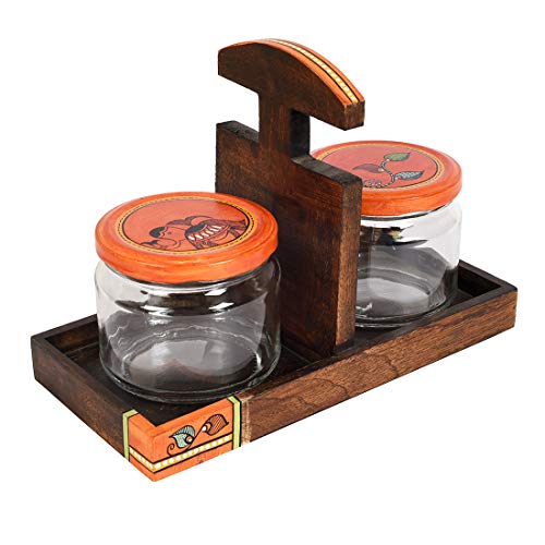 Image of AAKRITI ART CREATIONS Jaar Holder & 2 Glass Jaars | Handcrafted Madhubani Art Storage Jars | Kitchen Decoration Items Stylish Tray & Jars | Kitchen Containers with Tray