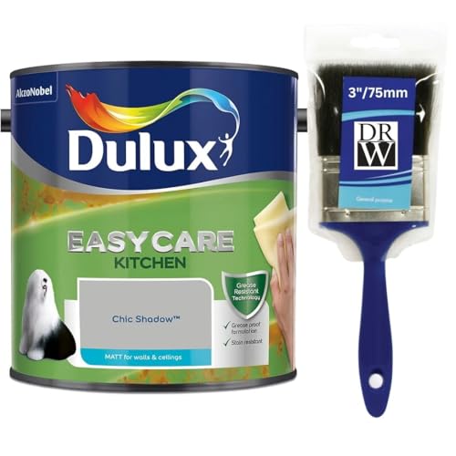 Chic Shadow Dulux Easycare Kitchen Matt Emulsion Paint 2.5L + 3" Emulsion Paint Brush – Grease & Stain Resistant, Washable Matt Finish, Durable Interior Paint for Kitchen Walls & Ceilings