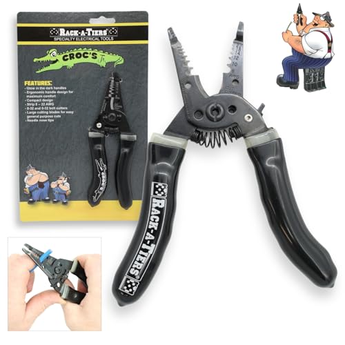 Rack-A-Tiers Croc's Jr. Needle Nose Wire Strippers, AWG 10-22, Electrician Wire Crimper & Stripper, Wire Stripper Cutter, Ergonomic Glow-in-the-Dark Handles, Wire Insulation Stripper (47002)