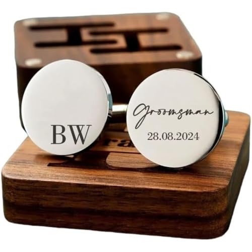 Personalised Cufflinks for Men Engraved Round Wedding Cufflinks Groom Best Man & Groomsmen Gift Silver Gold Black Custom Initials with Tie Clip & Wooden Box