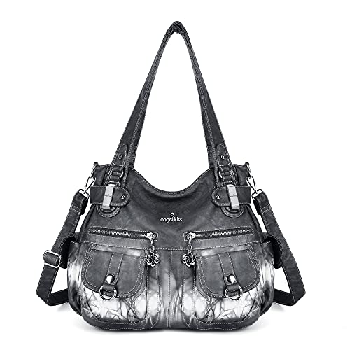 Image of Angel Kiss Women's Designer Handbag Large Double Zipper Multi Pocket Washed Leather Purse