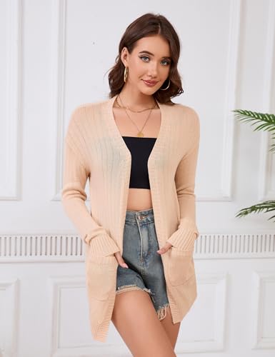 Image of Womens Open Front Lightweight Cardigans Oversized Two Pockets Long Sleeve Knit Sweaters