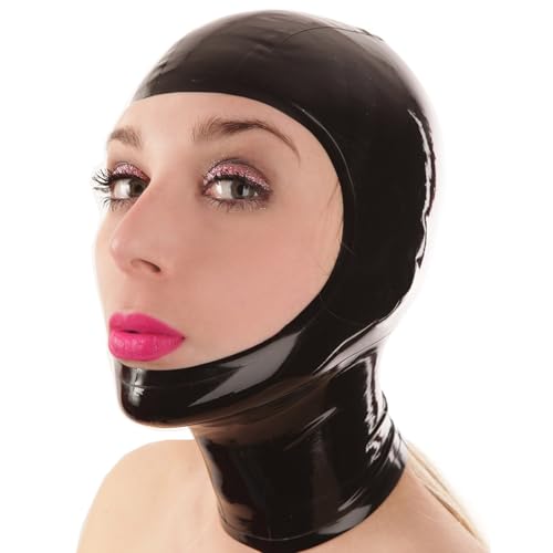 Schwarze offene Latexhaube,Unisex Handgemachte Latexmaske Mit Reißverschluss Hinten,Geeignet für Neuartige Latex Club Cosplay Kostüme XL