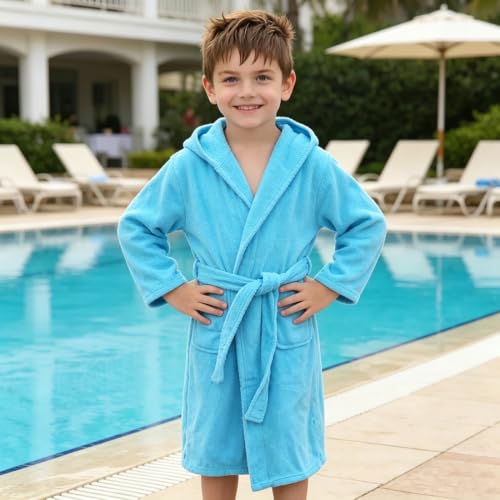 Image of Kids Swim Cover Up Boys Girls Cotton Tie Hooded Towel Robe
