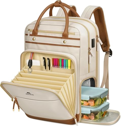 MATEIN Work Bag with Lunch Compartment Detachable, 15.6 Inch Laptop Rucksack for Women with USB Port and Organised Pocket, Lunch Backpack for Women Teacher, College, Nurse, Beige