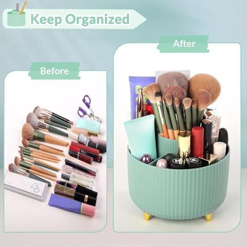 Image of SKYDUE 360 Degree Rotating Desk Organizer, Dual-Purpose Pencil Pen Holder for Desktop, Rotating Desk Pen Organizer with 5 Slots, Pencil Cup for School, Home, Office Supplies (Bean Green)